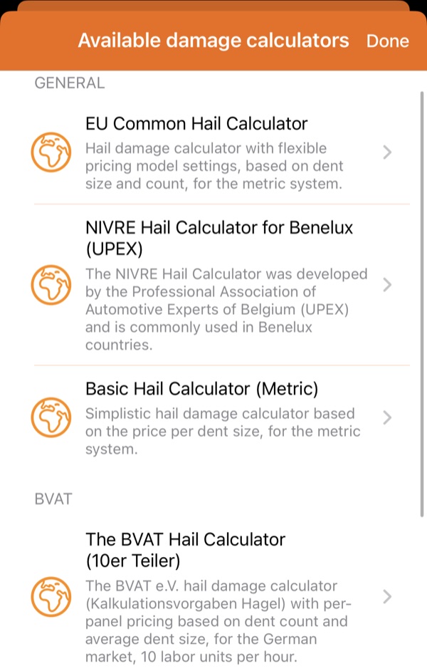 HailMaster list of available damage calculators including EU Common, NIVRE for Benelux, Basic Metric and BVAT